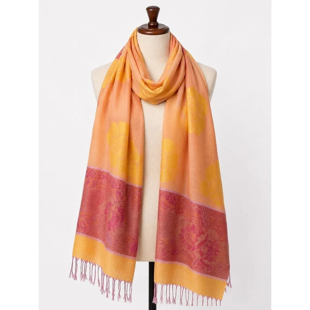 100% Pashmina Wrap Scarf Fringe Floral Print Metallic Thread Accents Preppy